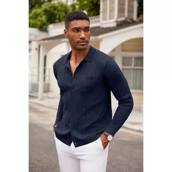 COOFANDY Men's Casual Knit Polo Shirts Long Sleeve Button Down Sweater Polo Ribbed Cardigan Sweater with Pocket