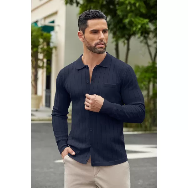 COOFANDY Men's Casual Knit Polo Shirts Long Sleeve Button Down Sweater Polo Ribbed Cardigan Sweater with Pocket