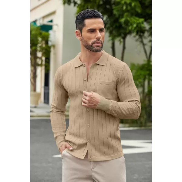 COOFANDY Men's Casual Knit Polo Shirts Long Sleeve Button Down Sweater Polo Ribbed Cardigan Sweater with Pocket