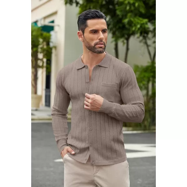 COOFANDY Men's Casual Knit Polo Shirts Long Sleeve Button Down Sweater Polo Ribbed Cardigan Sweater with Pocket
