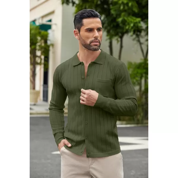 COOFANDY Men's Casual Knit Polo Shirts Long Sleeve Button Down Sweater Polo Ribbed Cardigan Sweater with Pocket