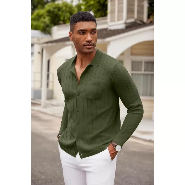 COOFANDY Men's Casual Knit Polo Shirts Long Sleeve Button Down Sweater Polo Ribbed Cardigan Sweater with Pocket