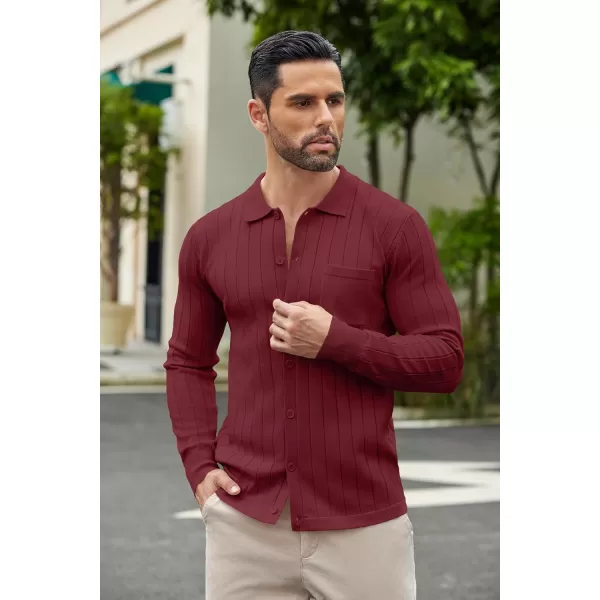 COOFANDY Men's Casual Knit Polo Shirts Long Sleeve Button Down Sweater Polo Ribbed Cardigan Sweater with Pocket