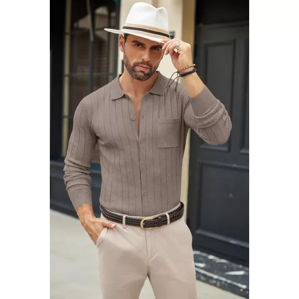 COOFANDY Men's Casual Knit Polo Shirts Long Sleeve Button Down Sweater Polo Ribbed Cardigan Sweater with Pocket