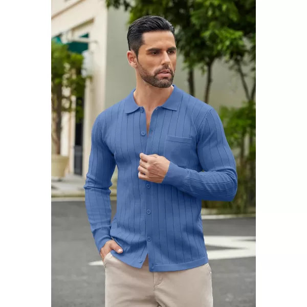 COOFANDY Men's Casual Knit Polo Shirts Long Sleeve Button Down Sweater Polo Ribbed Cardigan Sweater with Pocket