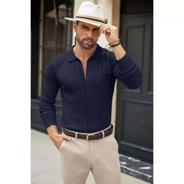 COOFANDY Men's Casual Knit Polo Shirts Long Sleeve Button Down Sweater Polo Ribbed Cardigan Sweater with Pocket