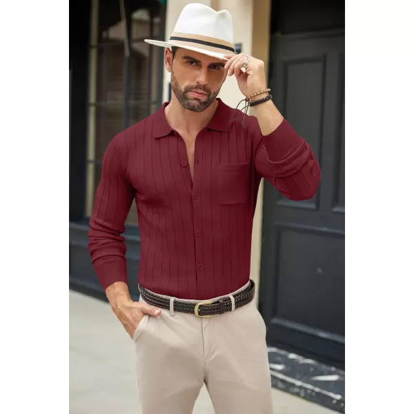 COOFANDY Men's Casual Knit Polo Shirts Long Sleeve Button Down Sweater Polo Ribbed Cardigan Sweater with Pocket