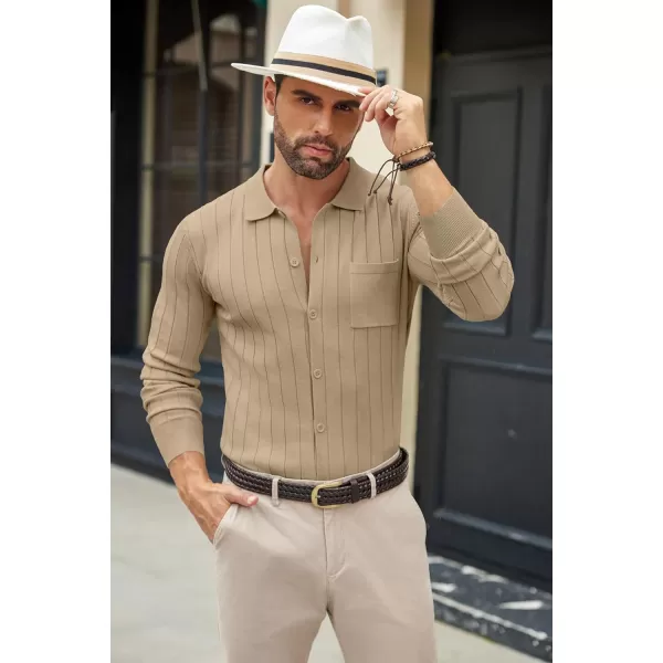 COOFANDY Men's Casual Knit Polo Shirts Long Sleeve Button Down Sweater Polo Ribbed Cardigan Sweater with Pocket