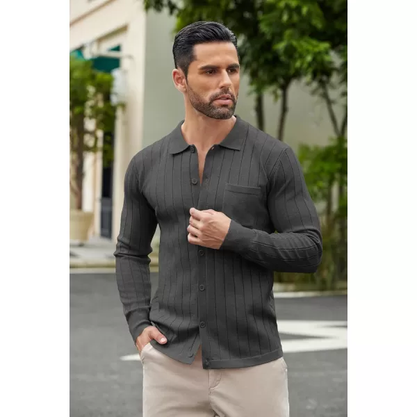 COOFANDY Men's Casual Knit Polo Shirts Long Sleeve Button Down Sweater Polo Ribbed Cardigan Sweater with Pocket