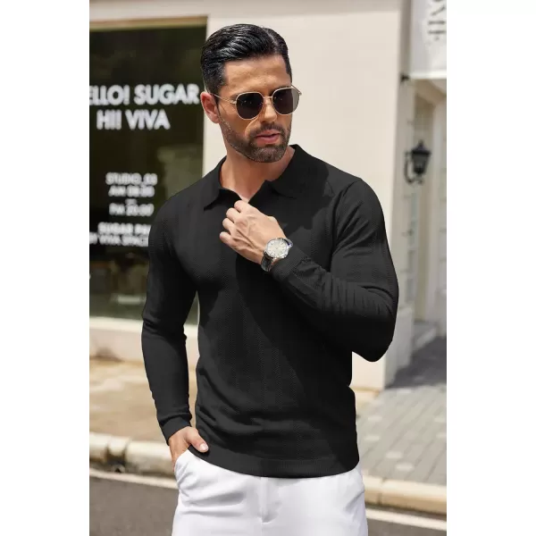 COOFANDY Men's Knit Polo Shirt Casual Long Sleeve Polo Sweater Dress Collar Polo Classic Golf Shirts