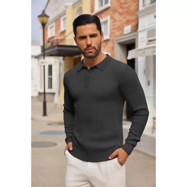 COOFANDY Men's Knit Polo Shirts Long Sleeve Casual Button Down Ribbed Polo Shirt Fashion Golf Shirts