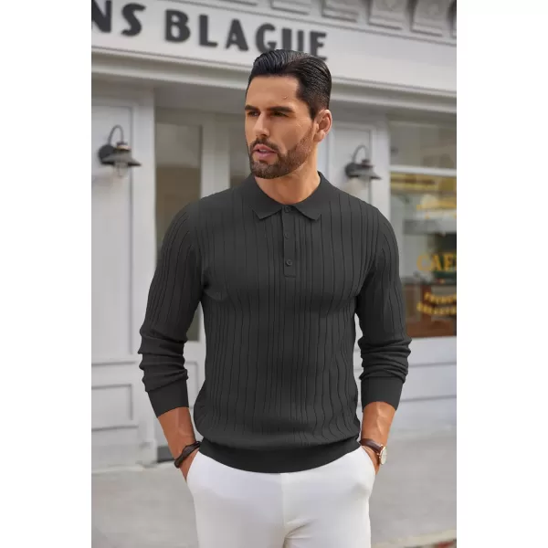 COOFANDY Men's Knit Polo Shirts Long Sleeve Casual Button Down Ribbed Polo Shirt Fashion Golf Shirts