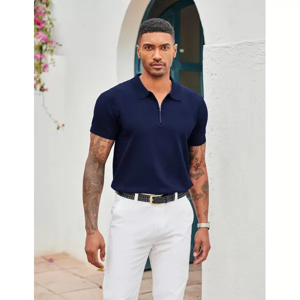 COOFANDY Mens Knit Polo Shirts Short Sleeve Quarter Zip Polo Casual Collar T Shirts Retro Polo Shirt Classic Golf Shirt