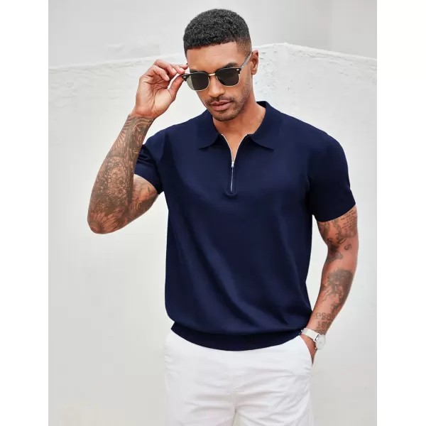 COOFANDY Mens Knit Polo Shirts Short Sleeve Quarter Zip Polo Casual Collar T Shirts Retro Polo Shirt Classic Golf Shirt