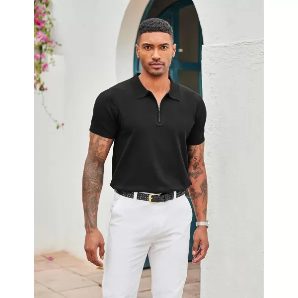 COOFANDY Mens Knit Polo Shirts Short Sleeve Quarter Zip Polo Casual Collar T Shirts Retro Polo Shirt Classic Golf Shirt