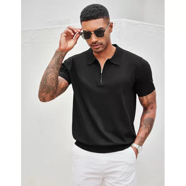 COOFANDY Mens Knit Polo Shirts Short Sleeve Quarter Zip Polo Casual Collar T Shirts Retro Polo Shirt Classic Golf Shirt