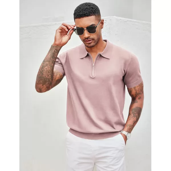 COOFANDY Mens Knit Polo Shirts Short Sleeve Quarter Zip Polo Casual Collar T Shirts Retro Polo Shirt Classic Golf Shirt