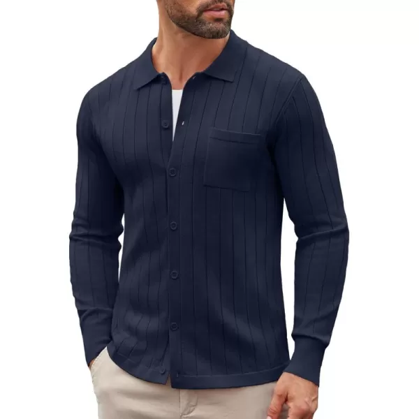 COOFANDY Men's Casual Knit Polo Shirts Long Sleeve Button Down Sweater Polo Ribbed Cardigan Sweater with Pocket