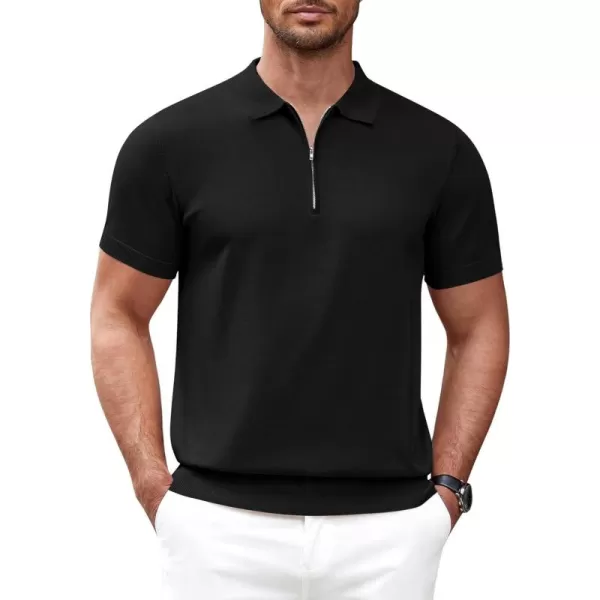 COOFANDY Mens Knit Polo Shirts Short Sleeve Quarter Zip Polo Casual Collar T Shirts Retro Polo Shirt Classic Golf Shirt