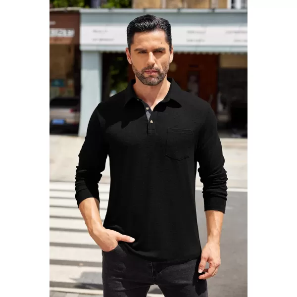 COOFANDY Men's Long Sleeve Polo Shirt Casual Dress Button Polo T Shirt with Pocket Basic Lightweight Collared Golf Shirt