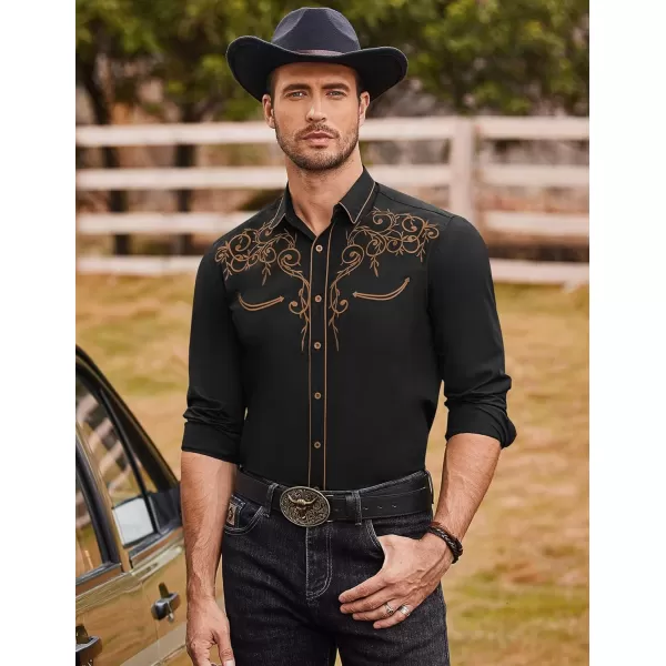 COOFANDY Men's Western Cowboy Shirts Long Sleeve Embroidered Shirt Slim Fit Casual Button Down Shirts