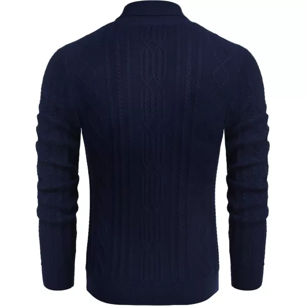 imageCOOFANDY Mens Shawl Collar Sweater Slim Fit Casual Zip Pullover Cable Knitted SweatersNave Blue