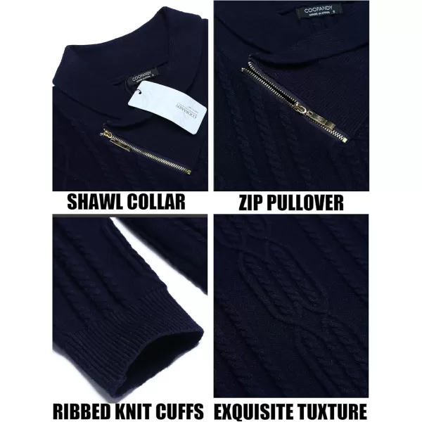 imageCOOFANDY Mens Shawl Collar Sweater Slim Fit Casual Zip Pullover Cable Knitted SweatersNave Blue