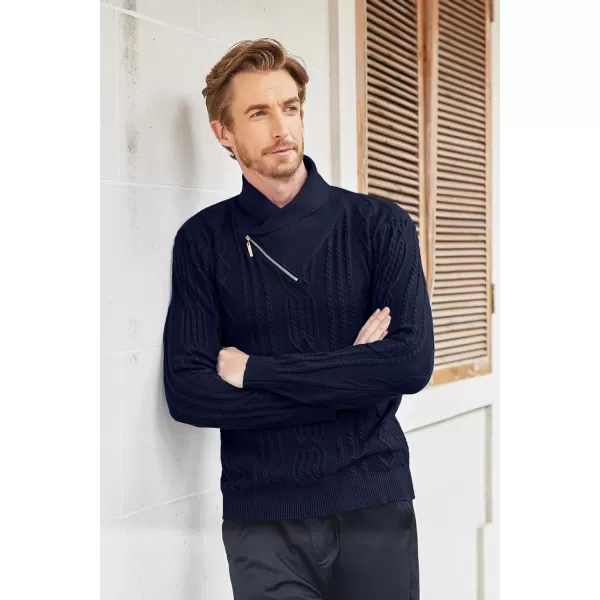 imageCOOFANDY Mens Shawl Collar Sweater Slim Fit Casual Zip Pullover Cable Knitted SweatersNave Blue