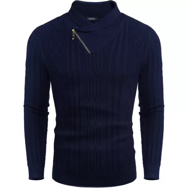 imageCOOFANDY Mens Shawl Collar Sweater Slim Fit Casual Zip Pullover Cable Knitted SweatersNave Blue