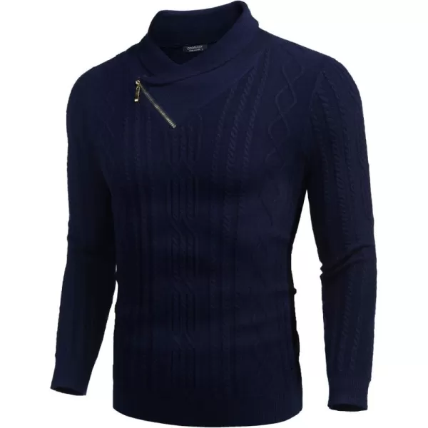 imageCOOFANDY Mens Shawl Collar Sweater Slim Fit Casual Zip Pullover Cable Knitted SweatersNave Blue