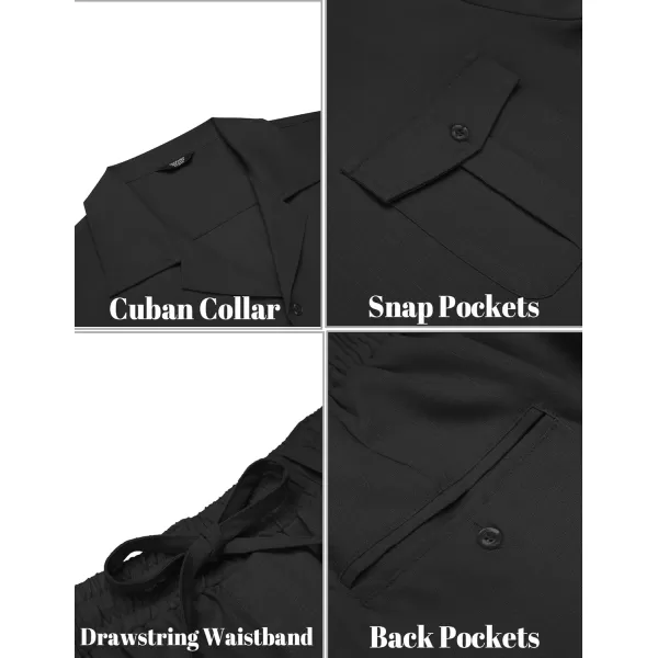 imageCOODANDY Mens Linen Sets Long Sleeve Button Down Shirt Summer Loungewear with PantsBlack