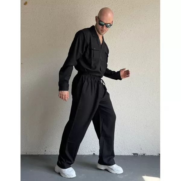 imageCOODANDY Mens Linen Sets Long Sleeve Button Down Shirt Summer Loungewear with PantsBlack