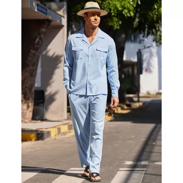 imageCOODANDY Mens Linen Sets Long Sleeve Button Down Shirt Summer Loungewear with PantsBlue