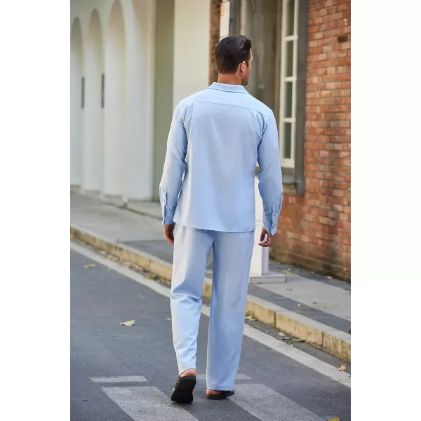 imageCOODANDY Mens Linen Sets Long Sleeve Button Down Shirt Summer Loungewear with PantsBlue