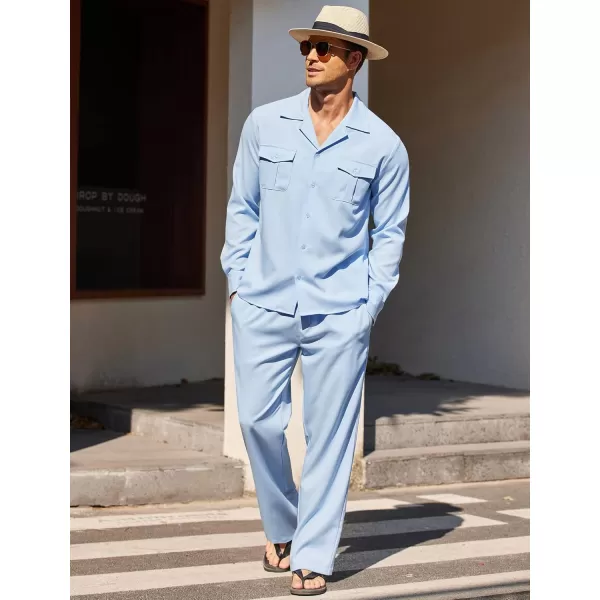 imageCOODANDY Mens Linen Sets Long Sleeve Button Down Shirt Summer Loungewear with PantsBlue