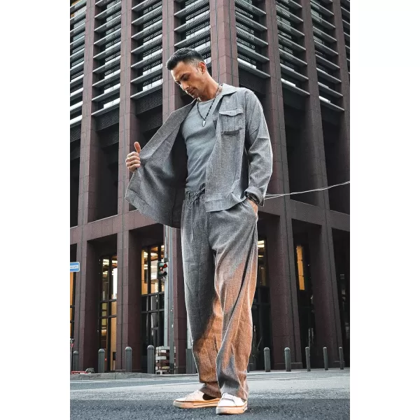 imageCOODANDY Mens Linen Sets Long Sleeve Button Down Shirt Summer Loungewear with PantsDark Grey