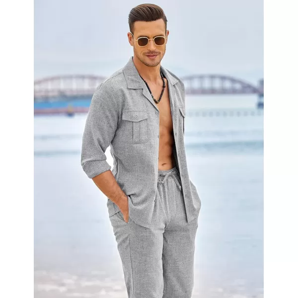 imageCOODANDY Mens Linen Sets Long Sleeve Button Down Shirt Summer Loungewear with PantsLight Grey