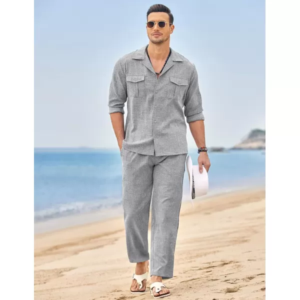 imageCOODANDY Mens Linen Sets Long Sleeve Button Down Shirt Summer Loungewear with PantsLight Grey