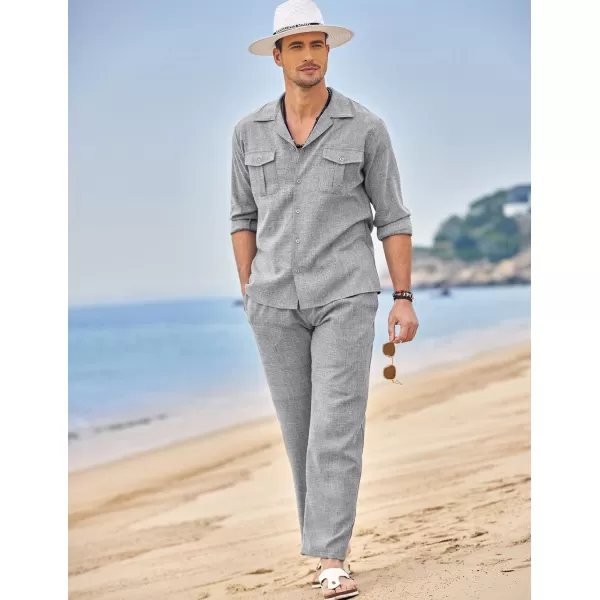 imageCOODANDY Mens Linen Sets Long Sleeve Button Down Shirt Summer Loungewear with PantsLight Grey