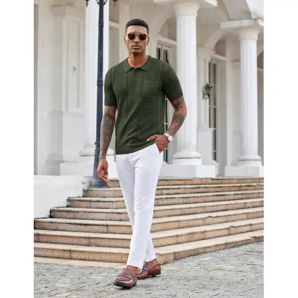 imageCOOFANDY Knit Polo Shirts for Men Short Sleeve Textured Polo Shirt Slim Fit Summer Collared T Shirt with PocketArmy Green