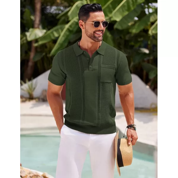 imageCOOFANDY Knit Polo Shirts for Men Short Sleeve Textured Polo Shirt Slim Fit Summer Collared T Shirt with PocketArmy Green