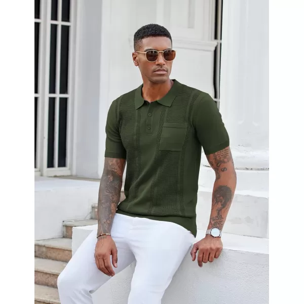 imageCOOFANDY Knit Polo Shirts for Men Short Sleeve Textured Polo Shirt Slim Fit Summer Collared T Shirt with PocketArmy Green