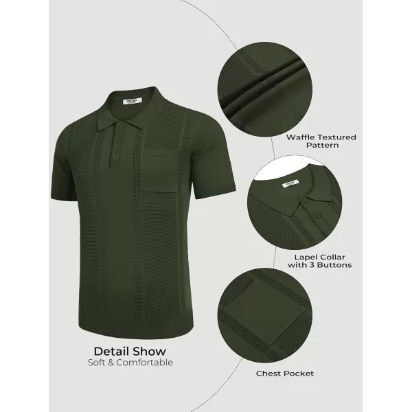 imageCOOFANDY Knit Polo Shirts for Men Short Sleeve Textured Polo Shirt Slim Fit Summer Collared T Shirt with PocketArmy Green