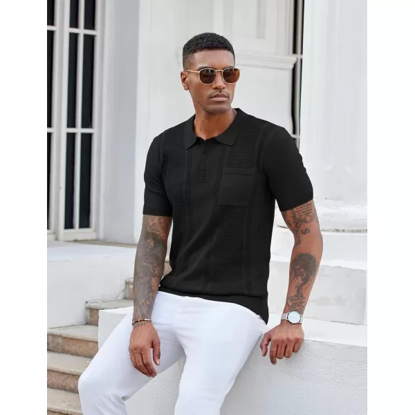 imageCOOFANDY Knit Polo Shirts for Men Short Sleeve Textured Polo Shirt Slim Fit Summer Collared T Shirt with PocketBlack