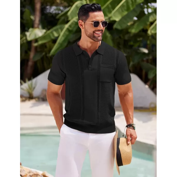 imageCOOFANDY Knit Polo Shirts for Men Short Sleeve Textured Polo Shirt Slim Fit Summer Collared T Shirt with PocketBlack