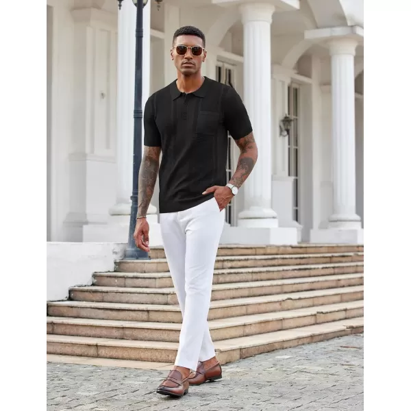 imageCOOFANDY Knit Polo Shirts for Men Short Sleeve Textured Polo Shirt Slim Fit Summer Collared T Shirt with PocketBlack