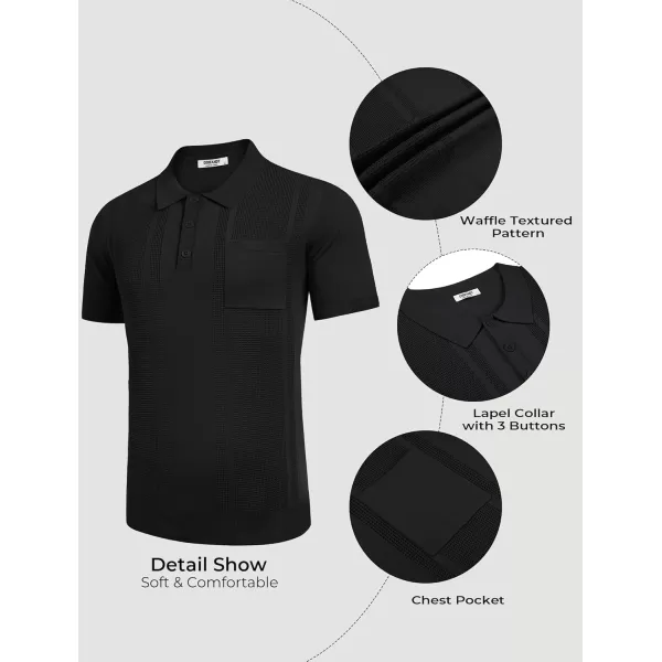 imageCOOFANDY Knit Polo Shirts for Men Short Sleeve Textured Polo Shirt Slim Fit Summer Collared T Shirt with PocketBlack