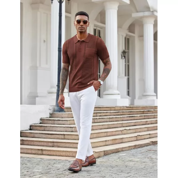 imageCOOFANDY Knit Polo Shirts for Men Short Sleeve Textured Polo Shirt Slim Fit Summer Collared T Shirt with PocketBrown