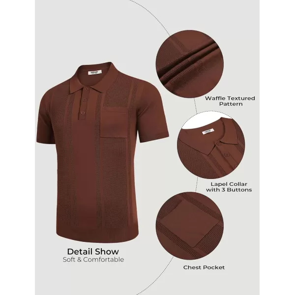 imageCOOFANDY Knit Polo Shirts for Men Short Sleeve Textured Polo Shirt Slim Fit Summer Collared T Shirt with PocketBrown