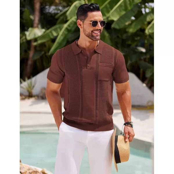 imageCOOFANDY Knit Polo Shirts for Men Short Sleeve Textured Polo Shirt Slim Fit Summer Collared T Shirt with PocketBrown